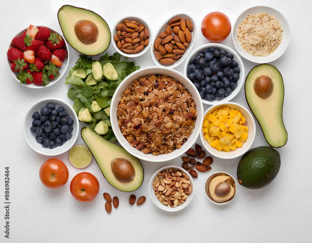 Colorful Fresh Ingredients: Healthy Food Flat Lay on White Background Colorful Fresh Ingredients: Healthy Food Flat Lay on White Background