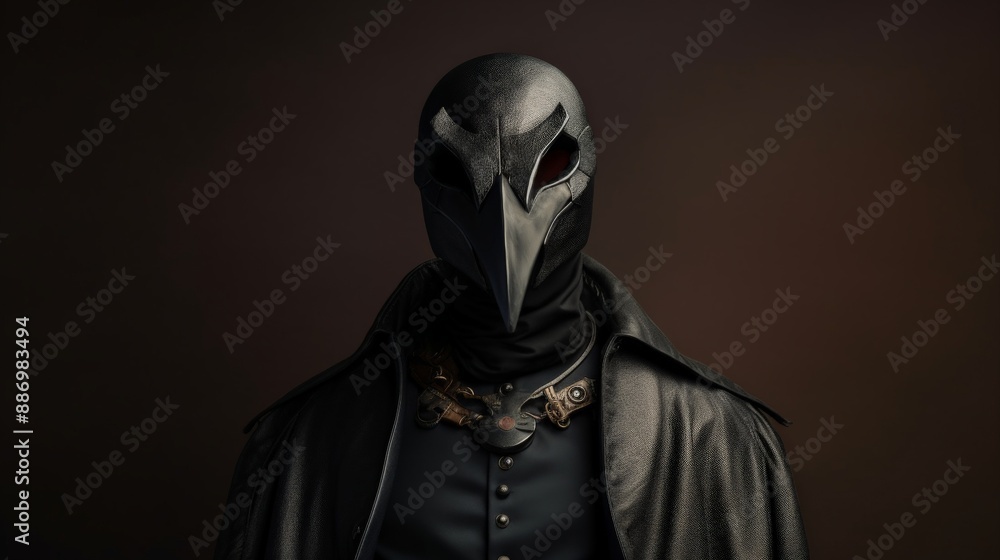 In a shadowy room, a hero with a beak-shaped mask stands In a shadowy room, a hero with a beak-shaped mask stands