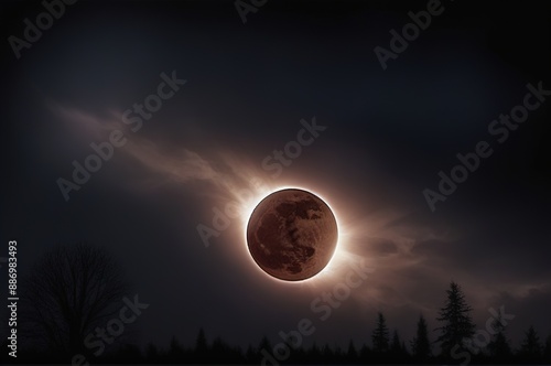 Huge moon over the forest, night dark landscape