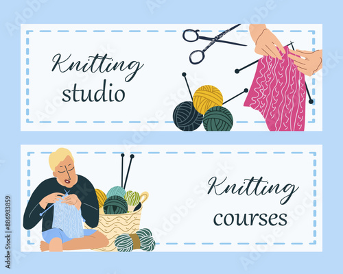 Knitting and crochet horizontal banner flat templates. Handmade studio and courses. Creative handicraft workshop and master class vector illustrations. Hobby classes.