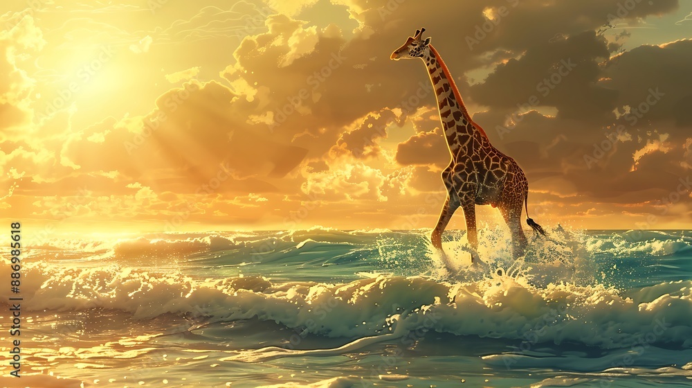 Obraz premium Ocean waves, sunlight, giraffe, simple design, bold colors