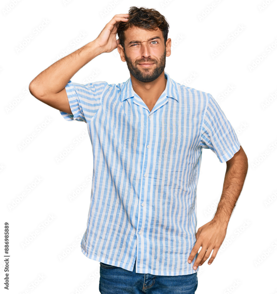 Handsome young man with beard wearing casual fresh shirt confuse and wonder about question. uncertain with doubt, thinking with hand on head. pensive concept. Handsome young man with beard wearing casual fresh shirt confuse and wonder about question. uncertain with doubt, thinking with hand on head. pensive concept.