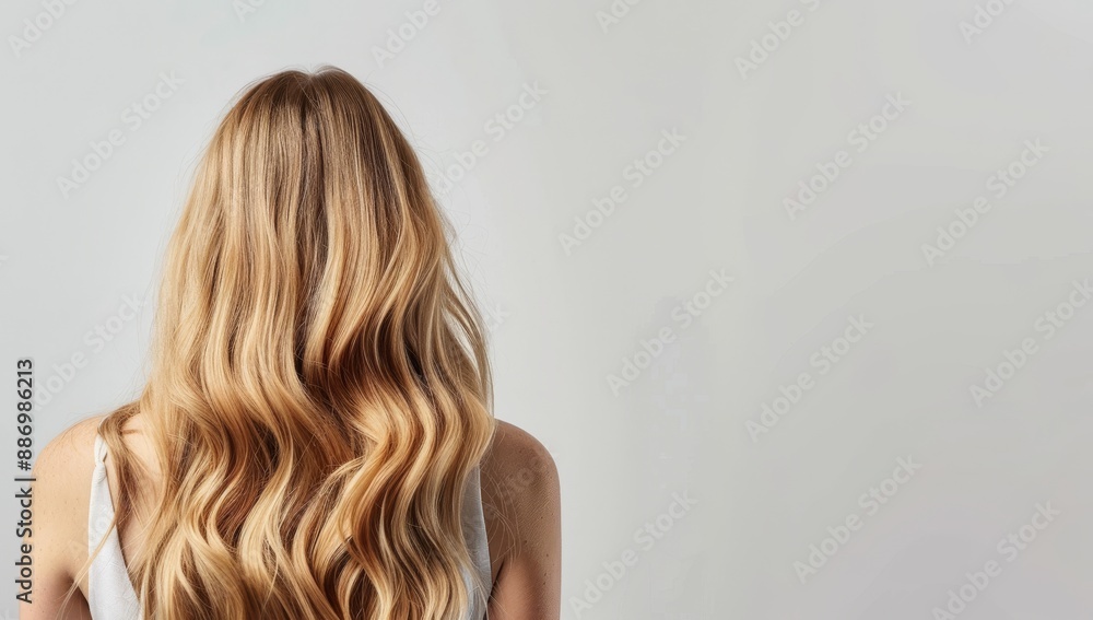 Back of woman's head with long, red black wavy straight hair in an elegant salon setting. The focus is on her hairstyle and color Perfectly styled blonde curls, showcasing hair beauty and care. Back of woman's head with long, red black wavy straight hair in an elegant salon setting. The focus is on her hairstyle and color Perfectly styled blonde curls, showcasing hair beauty and care.