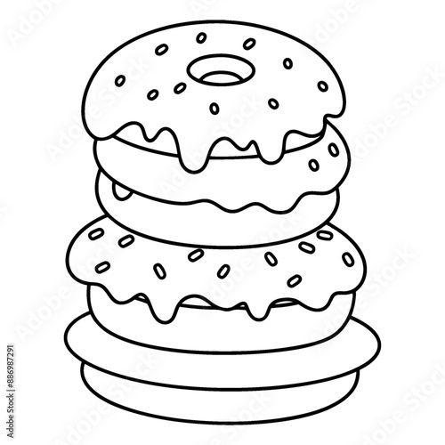 A coloring page with a black-and-white line design of a stack of donuts.