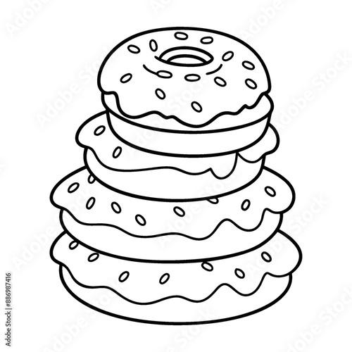 A coloring page with a black-and-white line design of a stack of donuts.