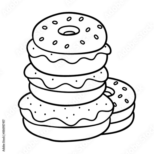 A coloring page with a black-and-white line design of a stack of donuts.