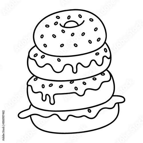 A coloring page with a black-and-white line design of a stack of donuts.