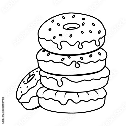 A coloring page with a black-and-white line design of a stack of donuts.