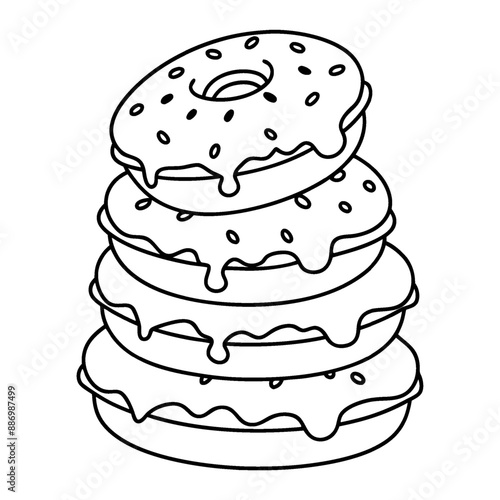 A coloring page with a black-and-white line design of a stack of donuts.