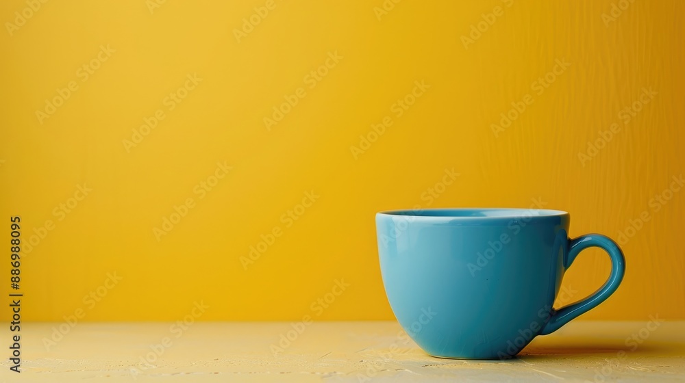 Blue cup on yellow backdrop with room for text Blue cup on yellow backdrop with room for text