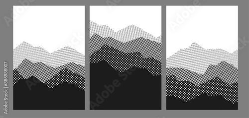 Poster with halftone mountains landscape. Halftone dots textured background. Hill in dotwork style.