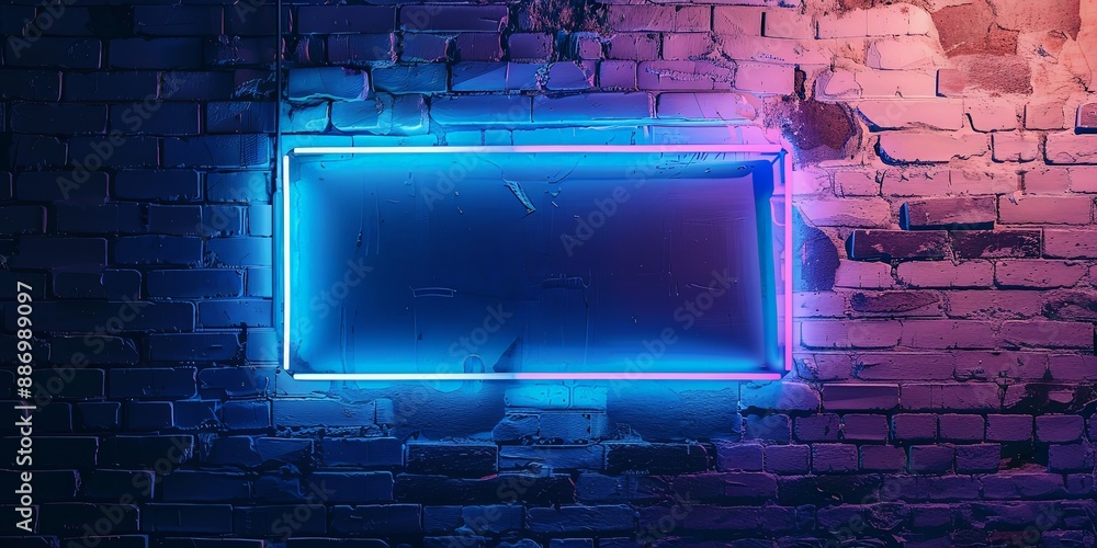 Atmospheric Blue Neon Light on Textured Brick Wall at Night Atmospheric Blue Neon Light on Textured Brick Wall at Night