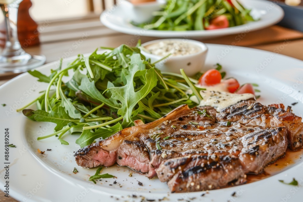 Grilled steak with arugula salad and cherry tomatoes on a white plate with a bowl of sauce. Grilled steak with arugula salad and cherry tomatoes on a white plate with a bowl of sauce.