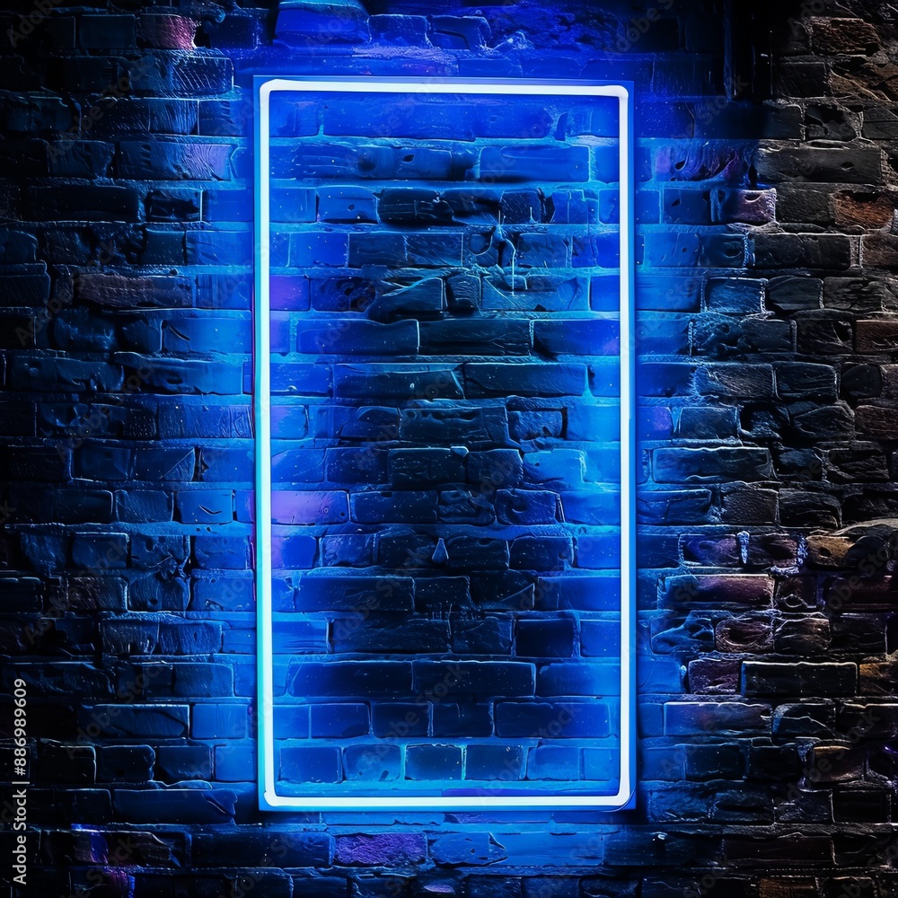 Atmospheric Blue Neon Light on Textured Brick Wall at Night Atmospheric Blue Neon Light on Textured Brick Wall at Night
