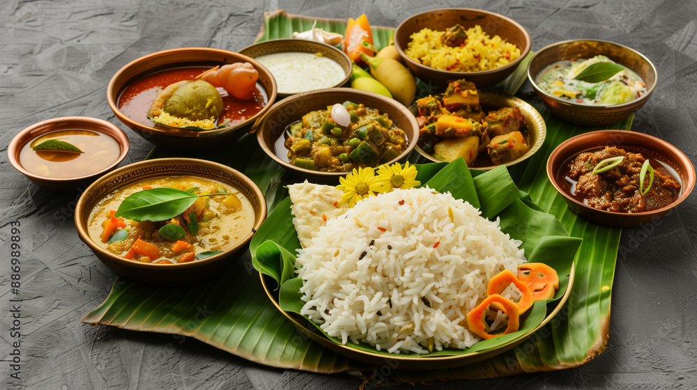 Onam Sadya is an authentic expression of Kerala cuisine served on the day of Onam festival. This vegetarian meal consists of a variety of dishes that are harmoniously combined on banana leaves. Onam Sadya is an authentic expression of Kerala cuisine served on the day of Onam festival. This vegetarian meal consists of a variety of dishes that are harmoniously combined on banana leaves.