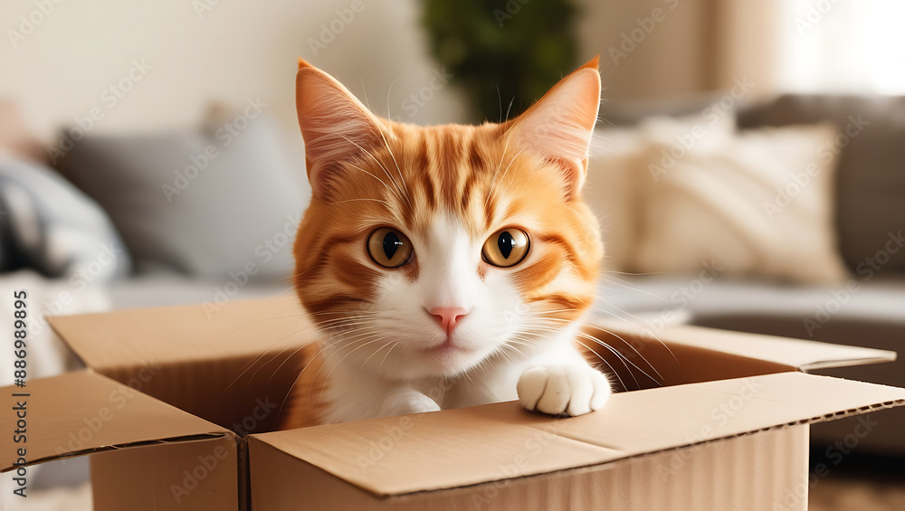 A cute adorable funny cat in a cardboard box at home A cute adorable funny cat in a cardboard box at home