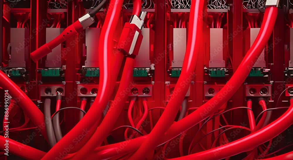A bundle of red Ethernet cables plugged into a black server 4k animation A bundle of red Ethernet cables plugged into a black server 4k animation