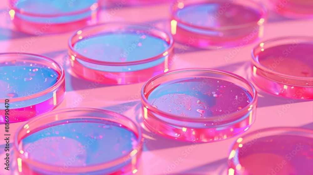 Colorful petri dishes with glowing bioluminescent cultures being studied in a lab Colorful petri dishes with glowing bioluminescent cultures being studied in a lab