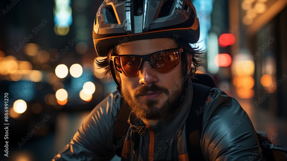 Urban night cyclist with helmet on road bike in city neon lights, creating speed trails Urban night cyclist with helmet on road bike in city neon lights, creating speed trails