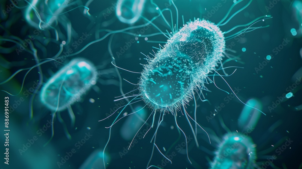 Explore a Microscopic View of Bacteria Cells showcasing Detailed Structures and Appendages