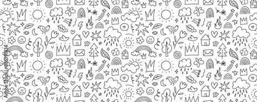 Hand drawn childish doodle seamless pattern with various shapes and elements. Cute doodle wallpaper with birds, crowns, hearts and sun. Kid outline drawings. Seamless pattern for coloring.