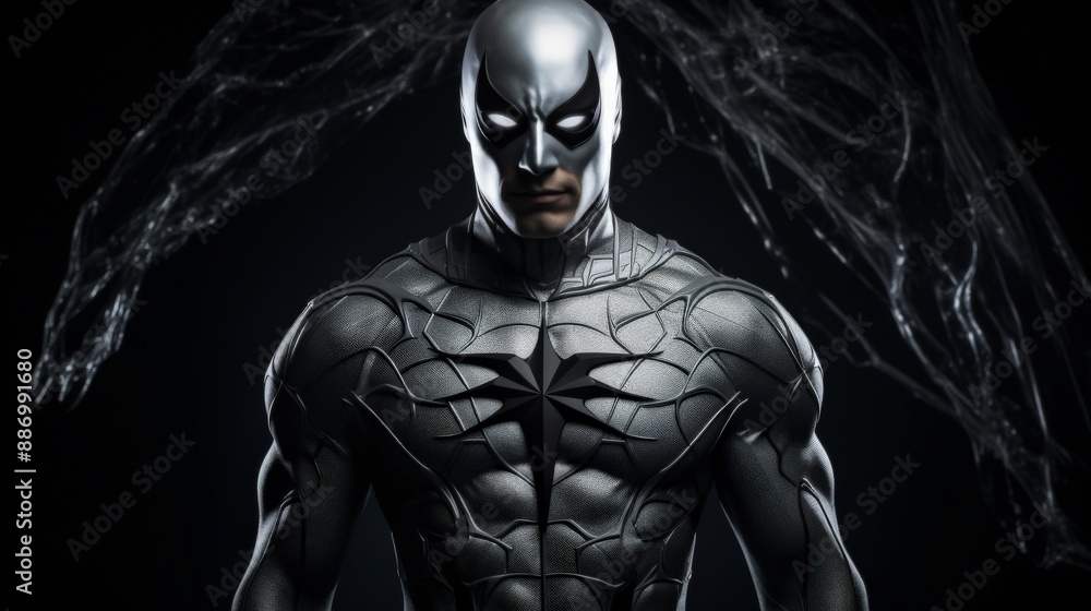 A superhero stands, illuminated, against a dark background A superhero stands, illuminated, against a dark background