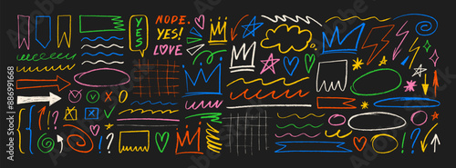 Colorful various crayon drawn arrows, ellipses, underlines, crowns and stars. Doodle lines and shapes with grunge pastel pencil texture for hand drawn notes. Set of doodle vector graphic elements.