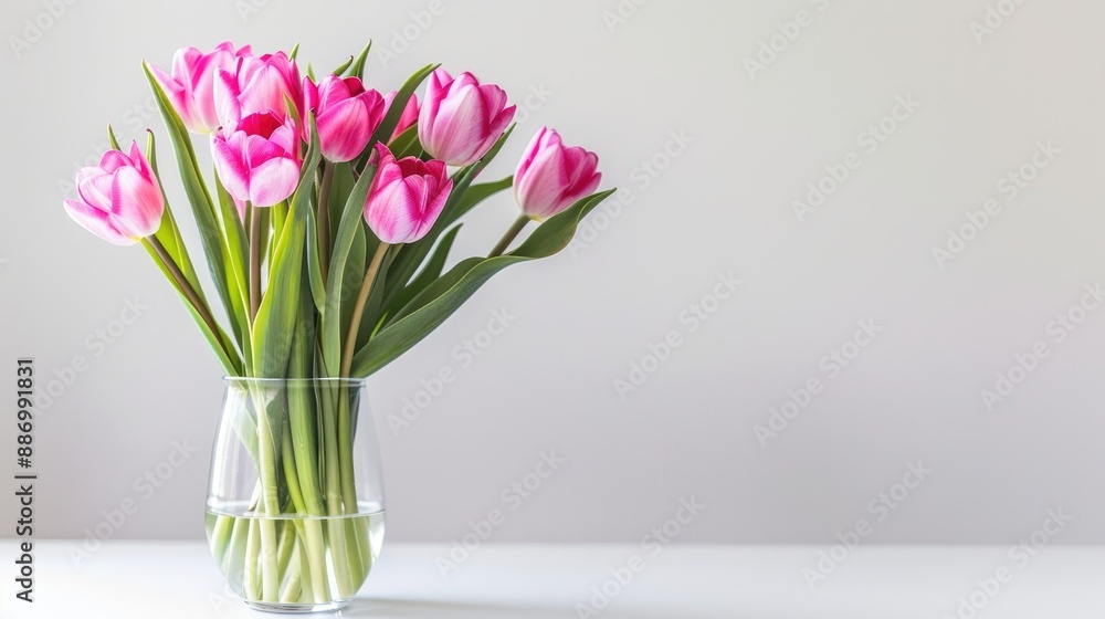 Vibrant pink tulips in small vase on white background floral theme Vibrant pink tulips in small vase on white background floral theme