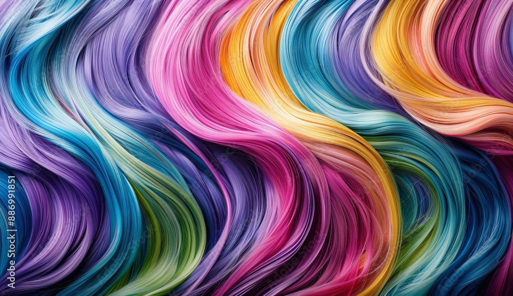 Naklejka premium Abstract background of vibrant display of multicolored hair, flowing in waves, showcasing the texture and waves Hair salon concept. Healthy shiny style.