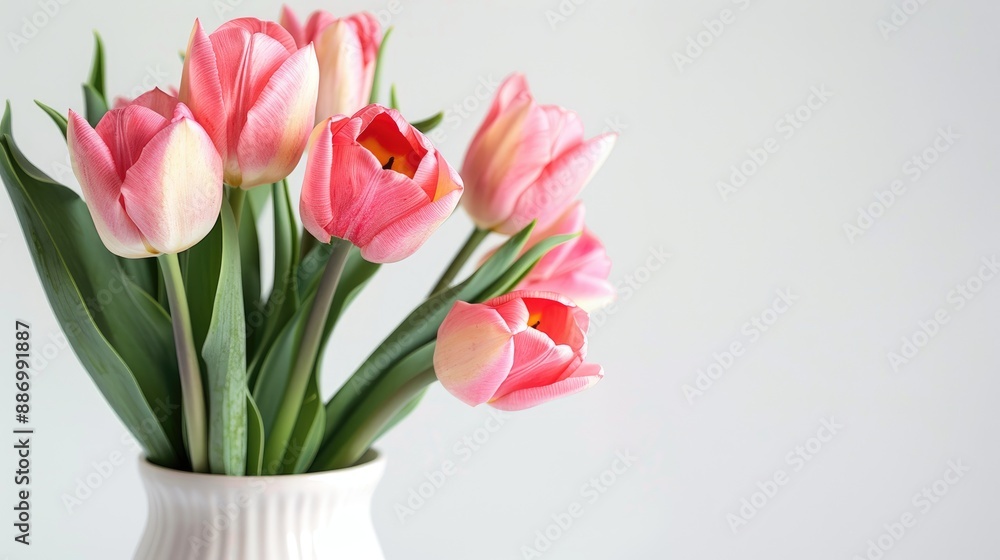 Vibrant pink tulips in small vase on white background floral theme Vibrant pink tulips in small vase on white background floral theme