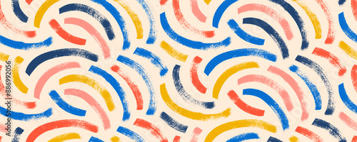 Aesthetic boho seamless pattern with bold brush drawn curved lines and arches. Neutral colored geometric art with organic thick curved lines. Vector geometric shapes seamless background.