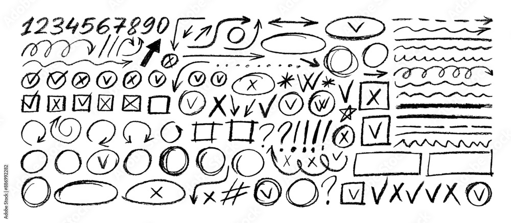 Various crayon drawn elements for hand drawn notes, diagrams and journaling. Underline and emphasis pencil elements, check marks, numbers and arrows. Vector charcoal punctuation marks.