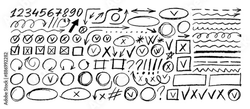 Various crayon drawn elements for hand drawn notes, diagrams and journaling. Underline and emphasis pencil elements, check marks, numbers and arrows. Vector charcoal punctuation marks.