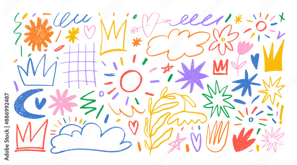 Colorful childish crayon drawn doodle collection. Pencil drawings isolated on white, squiggles in childish girly style, flower, crown and stars. Freehand cute kid scribbles. Bright color chalk icons. Colorful childish crayon drawn doodle collection. Pencil drawings isolated on white, squiggles in childish girly style, flower, crown and stars. Freehand cute kid scribbles. Bright color chalk icons.