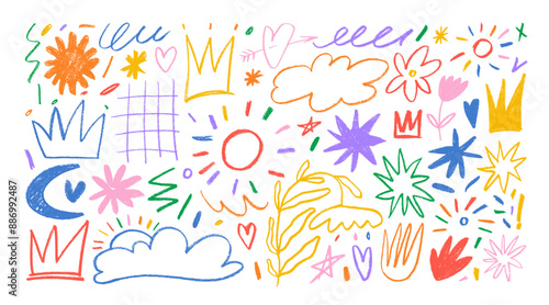 Colorful childish crayon drawn doodle collection. Pencil drawings isolated on white, squiggles in childish girly style, flower, crown and stars. Freehand cute kid scribbles. Bright color chalk icons.