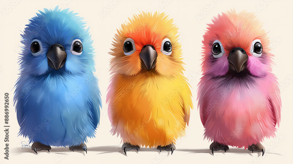 Fototapeta premium Close up of three pink, yellow, blue Baby Parrots Illustration on beige background. Pets Concept. Suitable for Cover, Print, Wallpaper, Banner, Fabric 