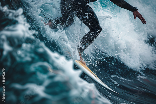 Surfer catching waves - close-up