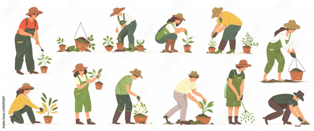 People working in garden during autumn harvest, planting and taking care of plants People working in garden during autumn harvest, planting and taking care of plants