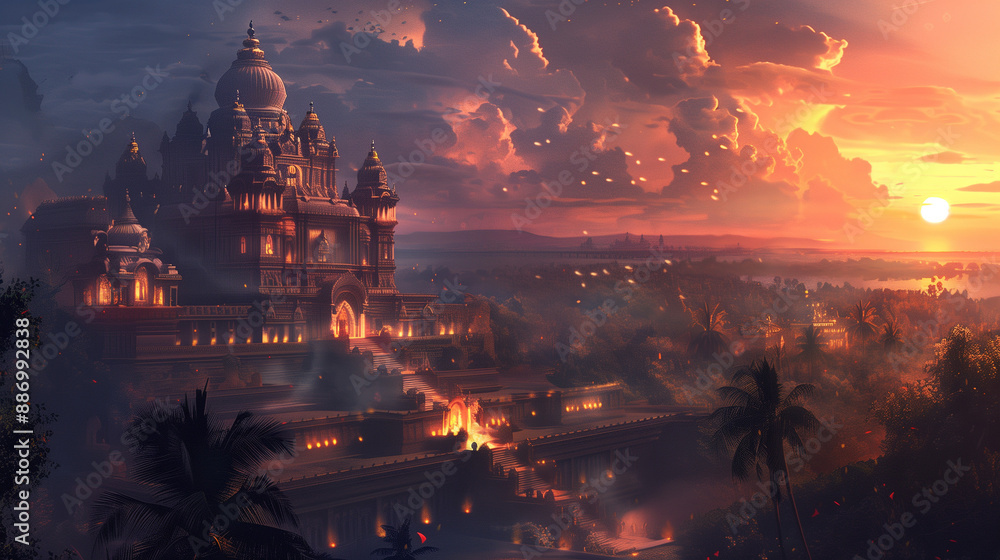 An impressive temple in the glow of dusk. The setting sun paints the sky in warm colors, emphasizing the beauty and majesty of the temple.
An impressive temple in the glow of dusk. The setting sun paints the sky in warm colors, emphasizing the beauty and majesty of the temple.