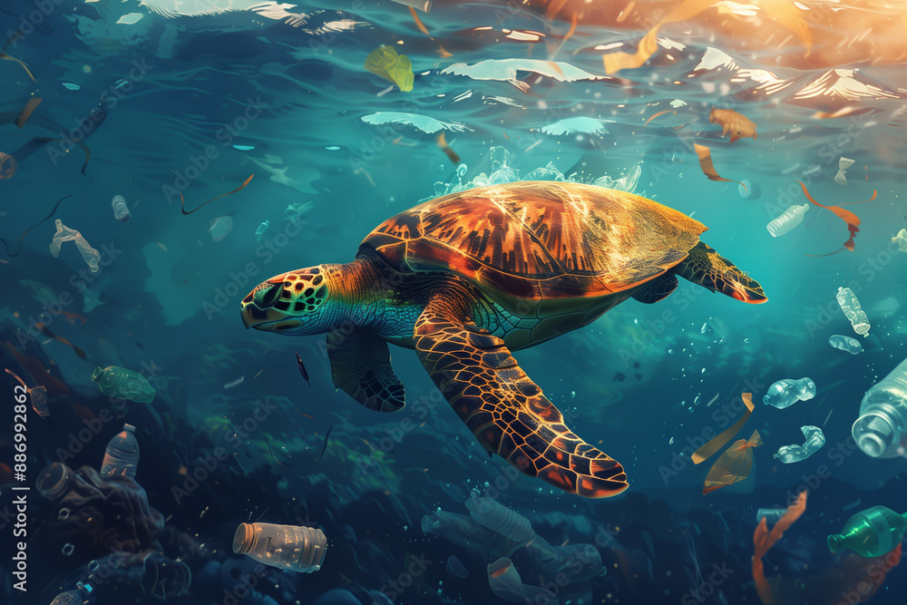 Fototapeta premium Turtle swims near a plastic bottle or bag. The concept of plastic pollution in ocean.