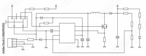 Schematic diagram of electronic device on sheet of paper. Vector template of drawing electrical circuit with usb connector,
resistor, integrated circuit, capacitor, led,
diode, coil, other components.