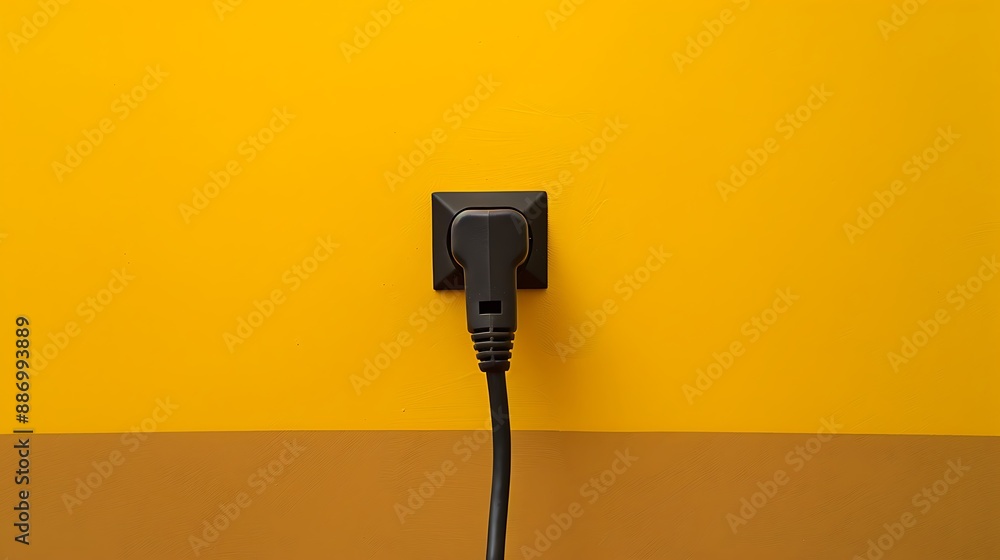 The black plug is plugged into the power lines on yellow and brown background The black plug is plugged into the power lines on yellow and brown background