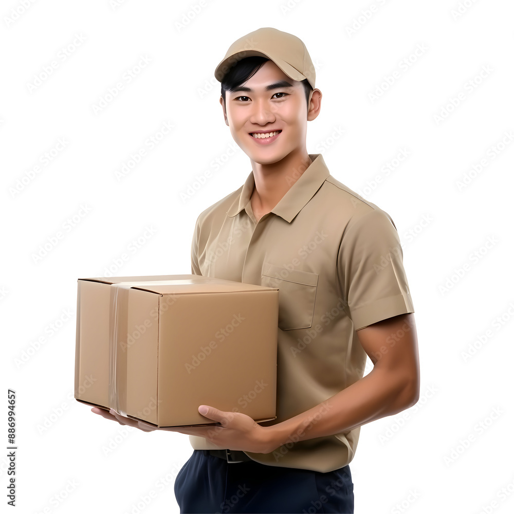 Handsome asian young delivery man portrait isolated on transparent background Handsome asian young delivery man portrait isolated on transparent background