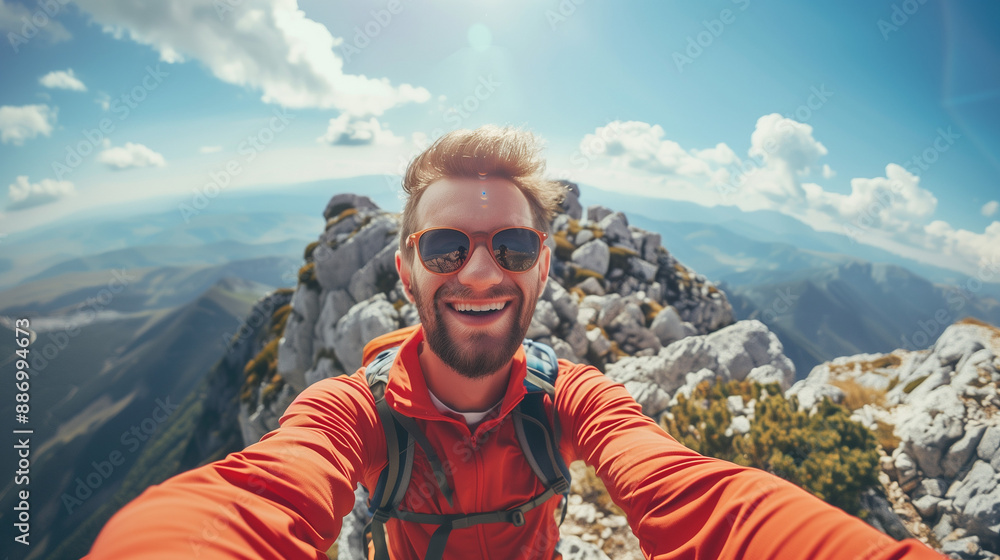Young tourist reaching the top of a mountain taking a selfie. The inspiring lifestyle of an athlete and social media influencer. Young tourist reaching the top of a mountain taking a selfie. The inspiring lifestyle of an athlete and social media influencer.