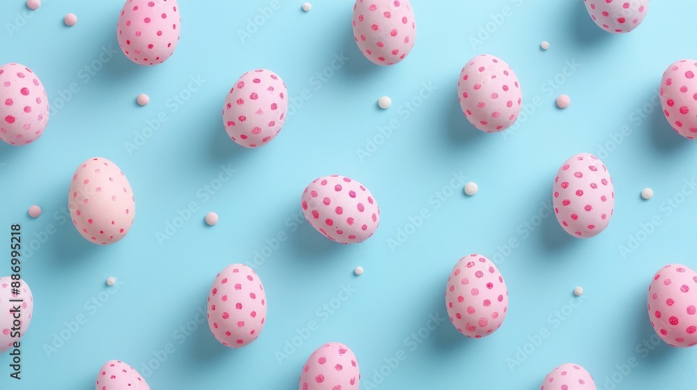 Pastel pink egg pattern on blue background for Easter concept with copy space Pastel pink egg pattern on blue background for Easter concept with copy space