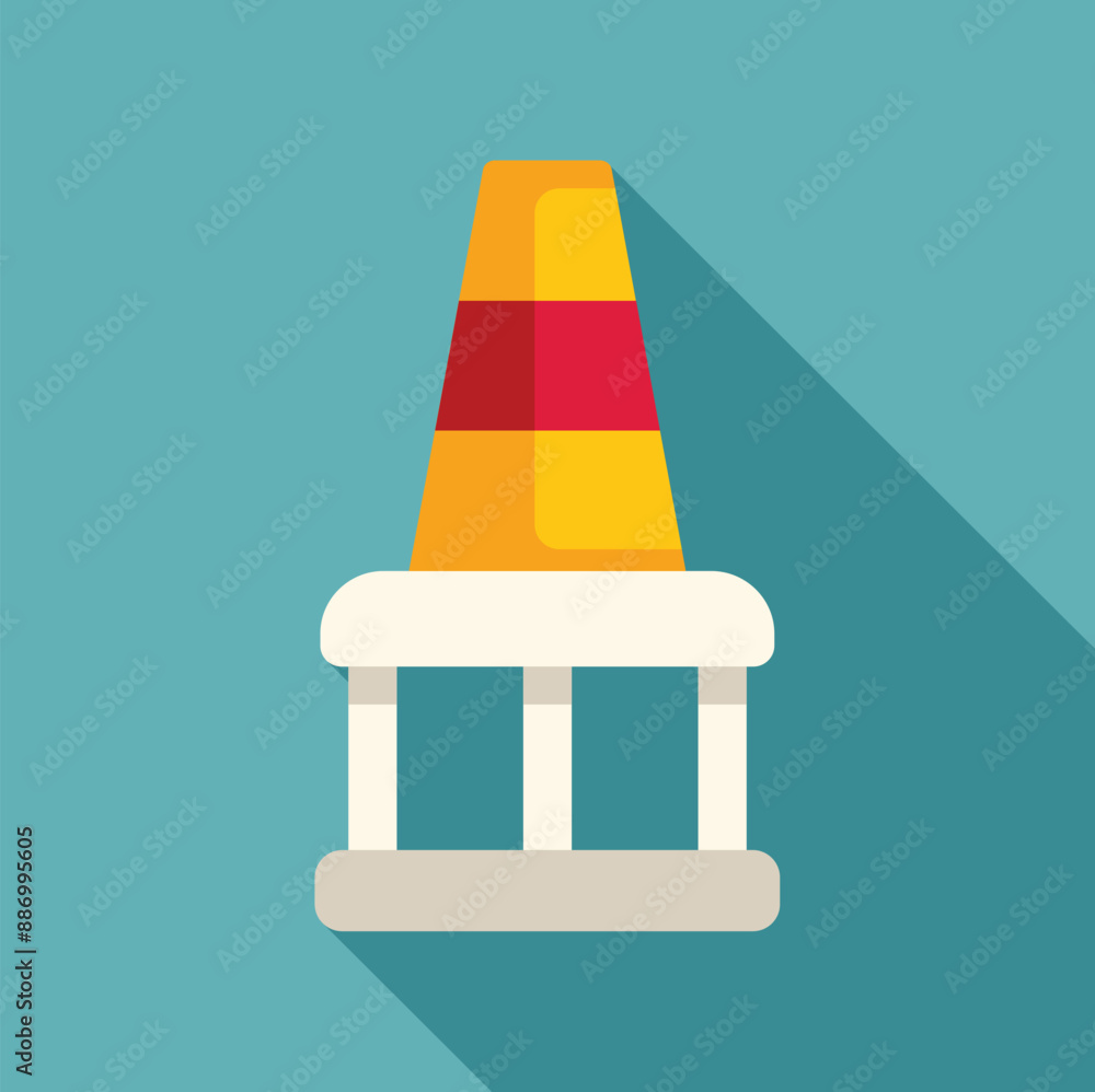 Yellow traffic cone with red stripe standing on road works platform Yellow traffic cone with red stripe standing on road works platform