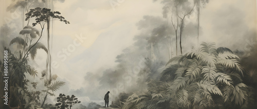 Abstract artistic wall art with bird standing on trees in Renaissance style . Retro, nostalgic, vintage canvas. Textured background. Oil on canvas. modern mural art