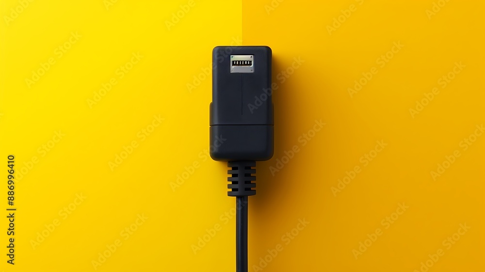 The black plug is plugged into the power lines on yellow and mustard background The black plug is plugged into the power lines on yellow and mustard background