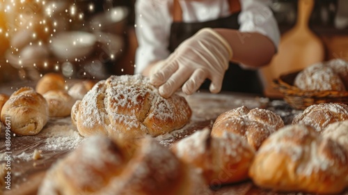 A baker's hand dusts freshly baked bread with powdered sugar, creating a warm, inviting scene.