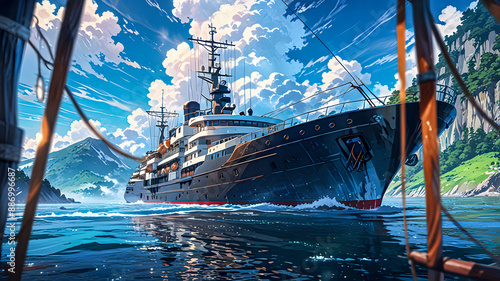 a large yacht is floating in the water with mountains and clouds in the background